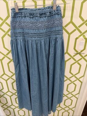 Cupio Darling Boho Chambray Blue Maxi Skirt with Smocked Waist